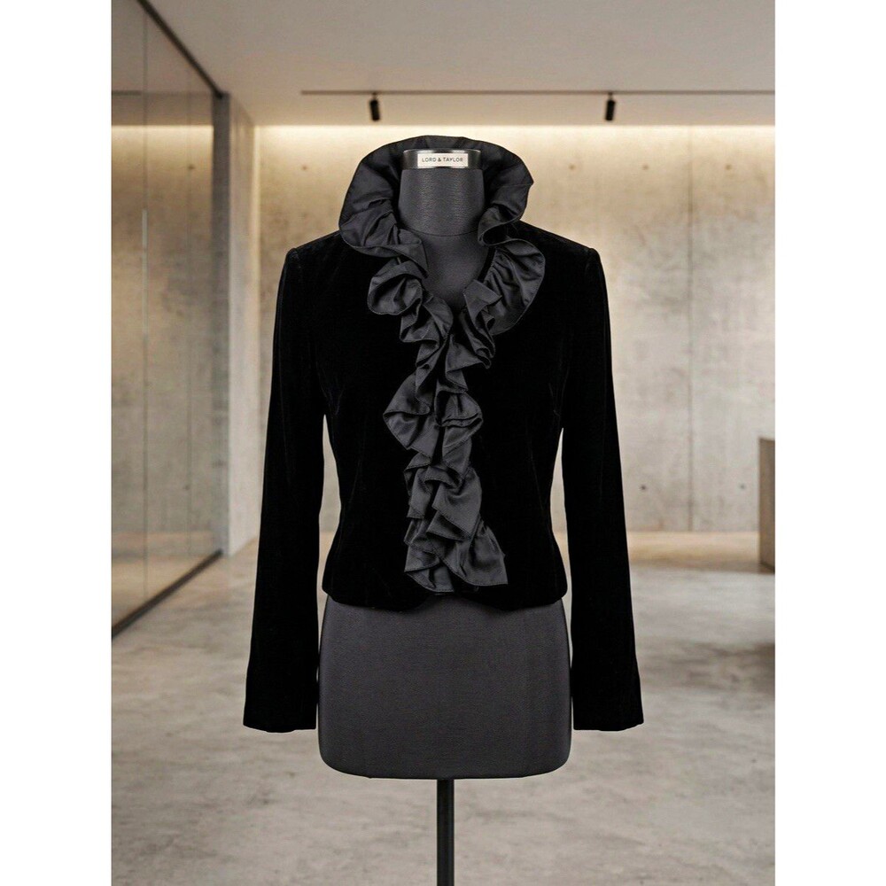 Lord & Taylor Black Velvet Ruffle Front Open Jacket S/M silk whimsigoth Vtg